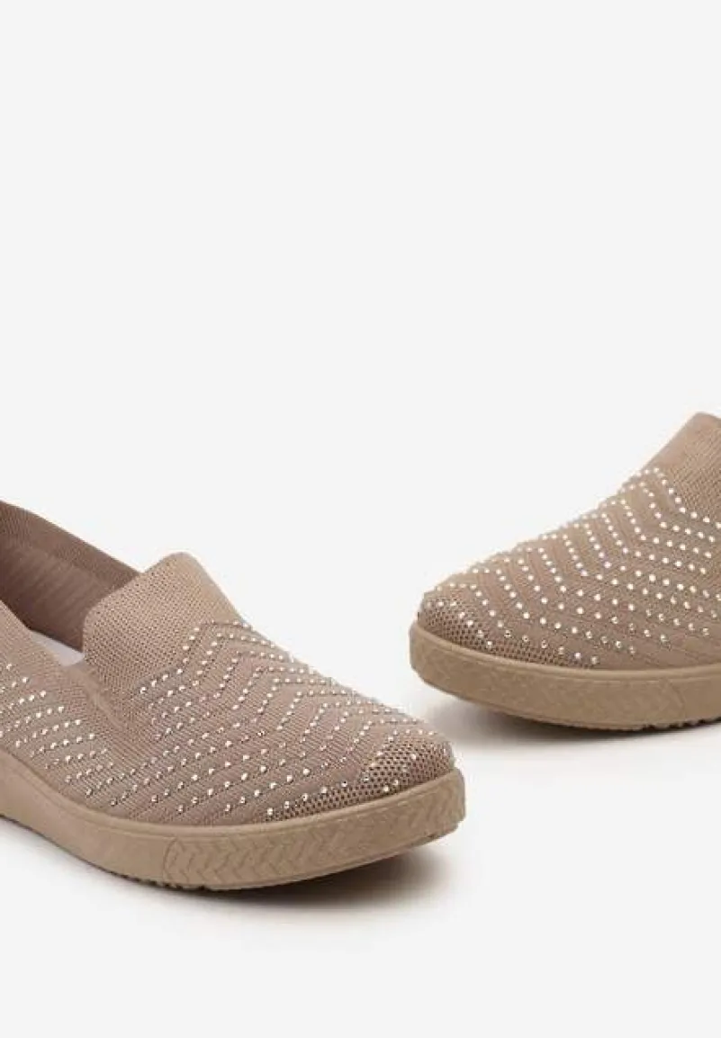 Ciemnobeżowe Wsuwane Tenisówki ze Skarpetkową Cholewką z Cyrkoniami Siwina