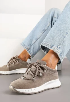 Ciemnobeżowe Zamszowe Sneakersy z Wkładką ze Skóry Naturalnej Dolavienne