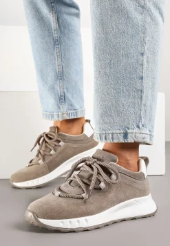 Ciemnobeżowe Zamszowe Sneakersy z Wkładką ze Skóry Naturalnej Dolavienne