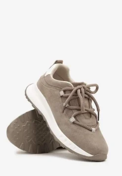 Ciemnobeżowe Zamszowe Sneakersy z Wkładką ze Skóry Naturalnej Dolavienne