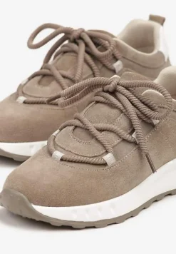 Ciemnobeżowe Zamszowe Sneakersy z Wkładką ze Skóry Naturalnej Dolavienne