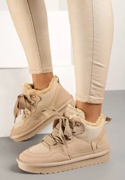 Ciemnobeżowe Zimowe Sneakersy Vices Stylizowane na Śniegowce z Futerkiem Tennira