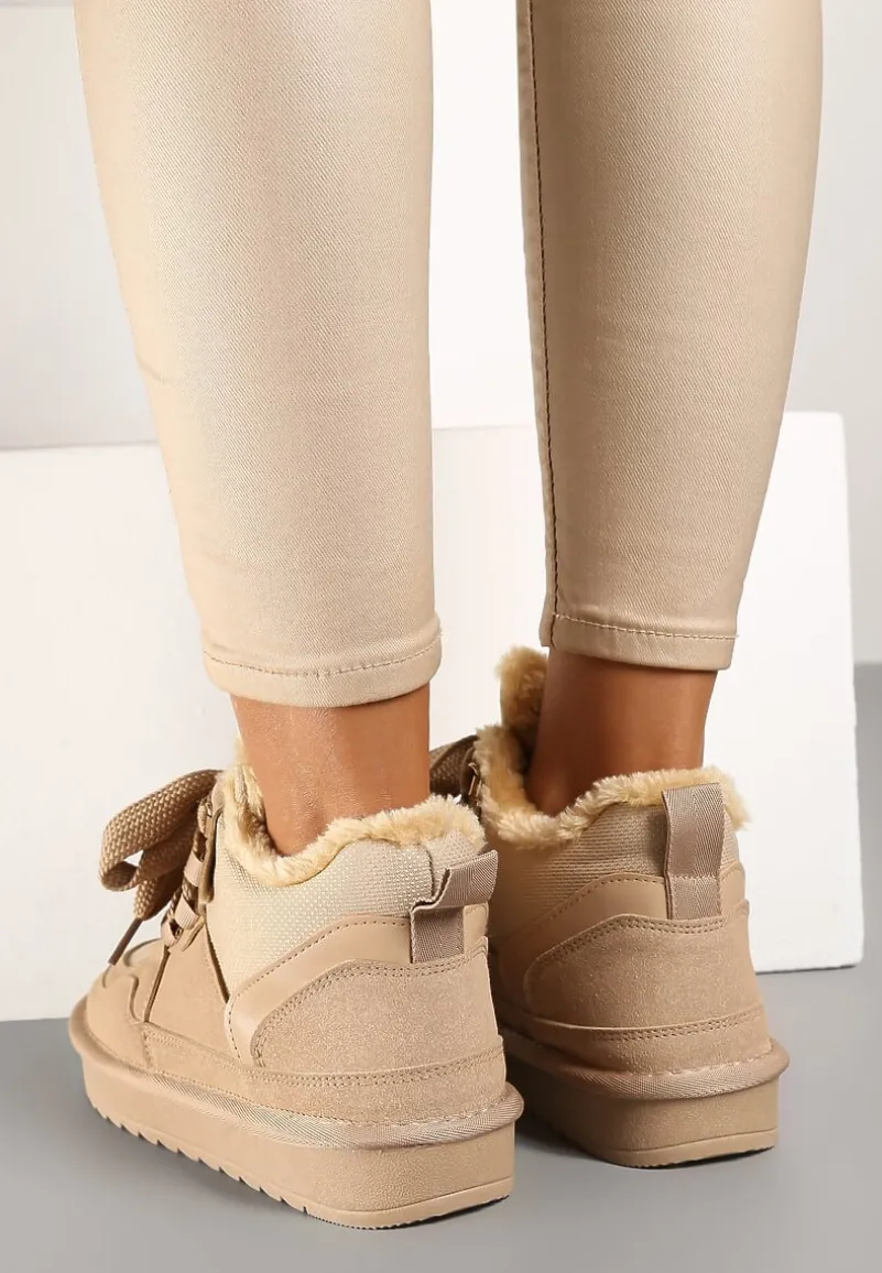 Ciemnobeżowe Zimowe Sneakersy Vices Stylizowane na Śniegowce z Futerkiem Tennira