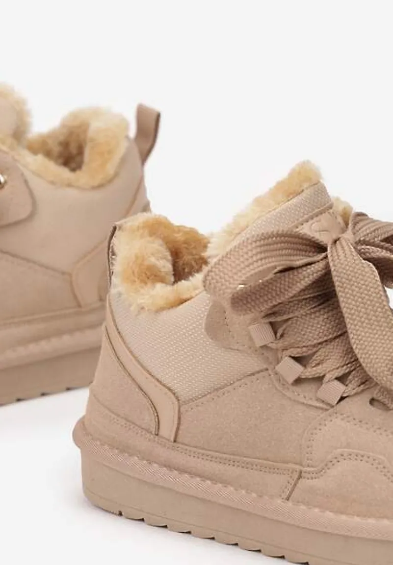 Ciemnobeżowe Zimowe Sneakersy Vices Stylizowane na Śniegowce z Futerkiem Tennira