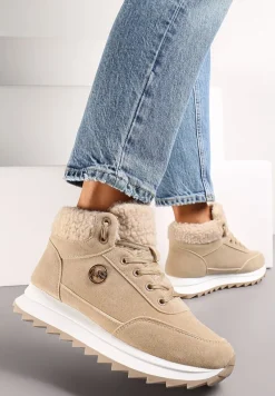 Ciemnobeżowe Zimowe Sneakersy ze Sztucznym Futerkiem Turelia