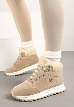 Ciemnobeżowe Zimowe Sneakersy ze Sztucznym Futerkiem Turelia