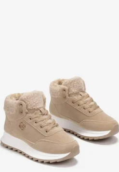 Ciemnobeżowe Zimowe Sneakersy ze Sztucznym Futerkiem Turelia