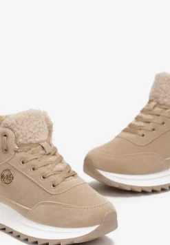 Ciemnobeżowe Zimowe Sneakersy ze Sztucznym Futerkiem Turelia