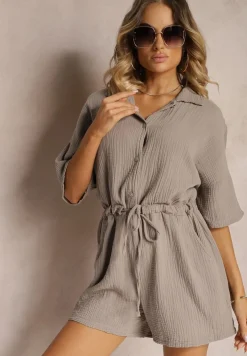 Ciemnobeżowy Bawełniany Kombinezon Muślinowy Ozdobiony Troczkami Zapinany na Guziki Dlissa