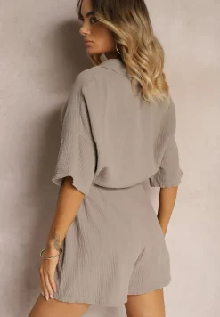 Ciemnobeżowy Bawełniany Kombinezon Muślinowy Ozdobiony Troczkami Zapinany na Guziki Dlissa