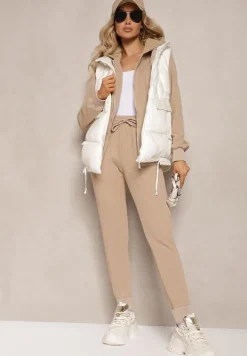 Ciemnobeżowy Casualowy Komplet Dresowy z Domieszką Bawełny Bluza z Kapturem i Spodnie Joggery Sineva