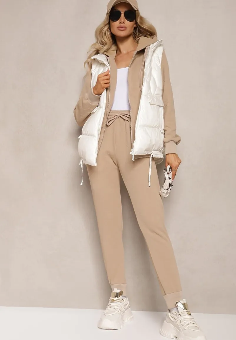Ciemnobeżowy Casualowy Komplet Dresowy z Domieszką Bawełny Bluza z Kapturem i Spodnie Joggery Sineva