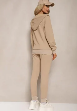 Ciemnobeżowy Casualowy Komplet Dresowy z Domieszką Bawełny Bluza z Kapturem i Spodnie Joggery Sineva