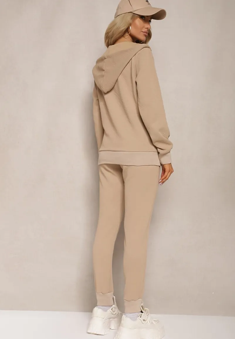Ciemnobeżowy Casualowy Komplet Dresowy z Domieszką Bawełny Bluza z Kapturem i Spodnie Joggery Sineva