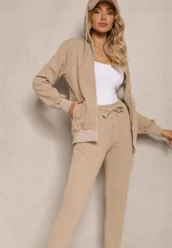 Ciemnobeżowy Casualowy Komplet Dresowy z Domieszką Bawełny Bluza z Kapturem i Spodnie Joggery Sineva