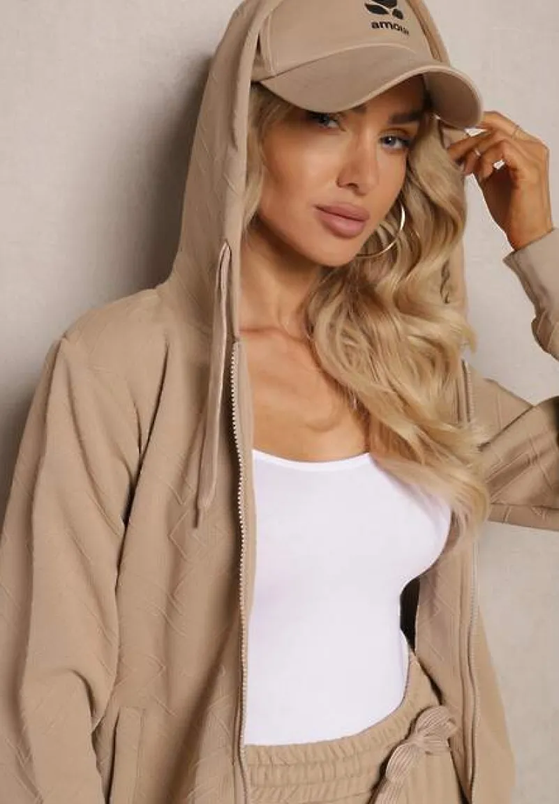 Ciemnobeżowy Casualowy Komplet Dresowy z Domieszką Bawełny Bluza z Kapturem i Spodnie Joggery Sineva