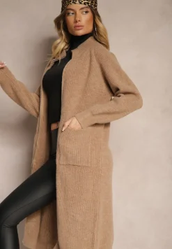 Ciemnobeżowy Długi Kardigan o Prostym Kroju ze Stójką z Domieszką Wełny i Zapięciem na Suwak Bonitana