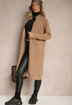 Ciemnobeżowy Długi Kardigan o Prostym Kroju ze Stójką z Domieszką Wełny i Zapięciem na Suwak Bonitana