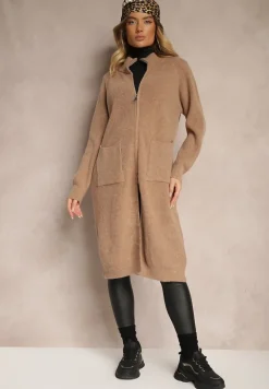 Ciemnobeżowy Długi Kardigan o Prostym Kroju ze Stójką z Domieszką Wełny i Zapięciem na Suwak Bonitana