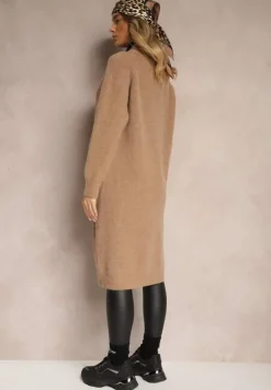 Ciemnobeżowy Długi Kardigan o Prostym Kroju ze Stójką z Domieszką Wełny i Zapięciem na Suwak Bonitana