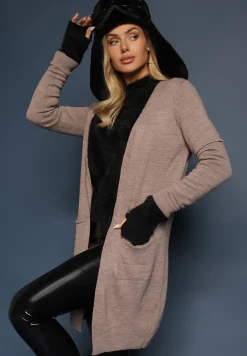 Ciemnobeżowy Długi Kardigan o Klasycznym Kroju z Kieszeniami Faliri