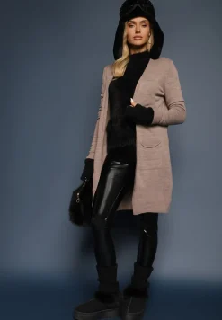 Ciemnobeżowy Długi Kardigan o Klasycznym Kroju z Kieszeniami Faliri