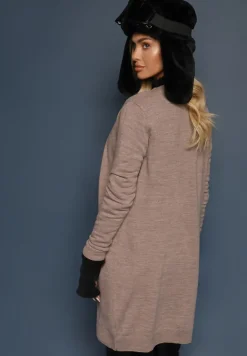 Ciemnobeżowy Długi Kardigan o Klasycznym Kroju z Kieszeniami Faliri