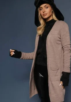 Ciemnobeżowy Długi Kardigan o Klasycznym Kroju z Kieszeniami Faliri