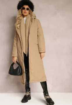 Ciemnobeżowy Długi Płaszcz Kurtka Ozdobiona Pikowaniem Hamid