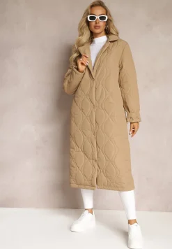 Ciemnobeżowy Długi Płaszcz Kurtka Ozdobiona Pikowaniem Hamid