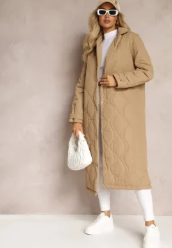 Ciemnobeżowy Długi Płaszcz Kurtka Ozdobiona Pikowaniem Hamid