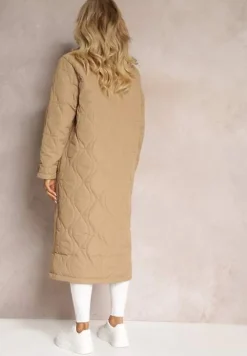 Ciemnobeżowy Długi Płaszcz Kurtka Ozdobiona Pikowaniem Hamid