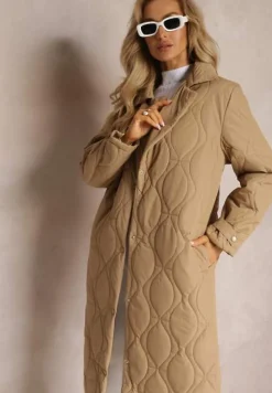 Ciemnobeżowy Długi Płaszcz Kurtka Ozdobiona Pikowaniem Hamid