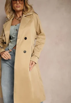 Ciemnobeżowy Długi Płaszcz Trencz Dwurzędowy z Paskiem w Komplecie Sabila