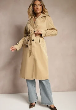 Ciemnobeżowy Długi Płaszcz Trencz Dwurzędowy z Paskiem w Komplecie Sabila