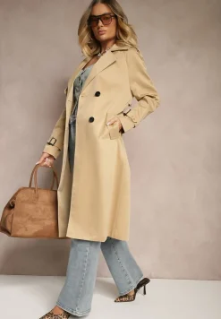 Ciemnobeżowy Długi Płaszcz Trencz Dwurzędowy z Paskiem w Komplecie Sabila