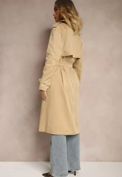 Ciemnobeżowy Długi Płaszcz Trencz Dwurzędowy z Paskiem w Komplecie Sabila