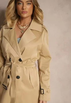 Ciemnobeżowy Długi Płaszcz Trencz Dwurzędowy z Paskiem w Komplecie Sabila
