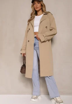 Ciemnobeżowy Dwurzędowy Płaszcz Typu Trencz z Pagonami i Paskiem w Talii Malwizia