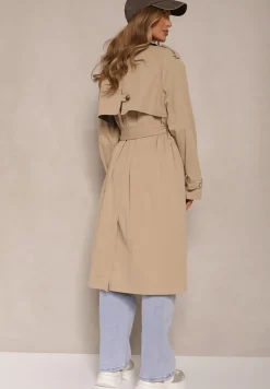 Ciemnobeżowy Dwurzędowy Płaszcz Typu Trencz z Pagonami i Paskiem w Talii Malwizia