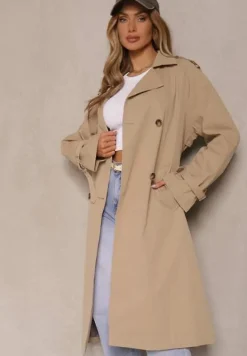 Ciemnobeżowy Dwurzędowy Płaszcz Typu Trencz z Pagonami i Paskiem w Talii Malwizia