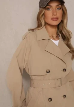 Ciemnobeżowy Dwurzędowy Płaszcz Typu Trencz z Pagonami i Paskiem w Talii Malwizia