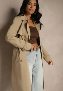 Ciemnobeżowy Dwurzędowy Płaszcz Trencz z Paskiem i Elegancką Klapą Fireti