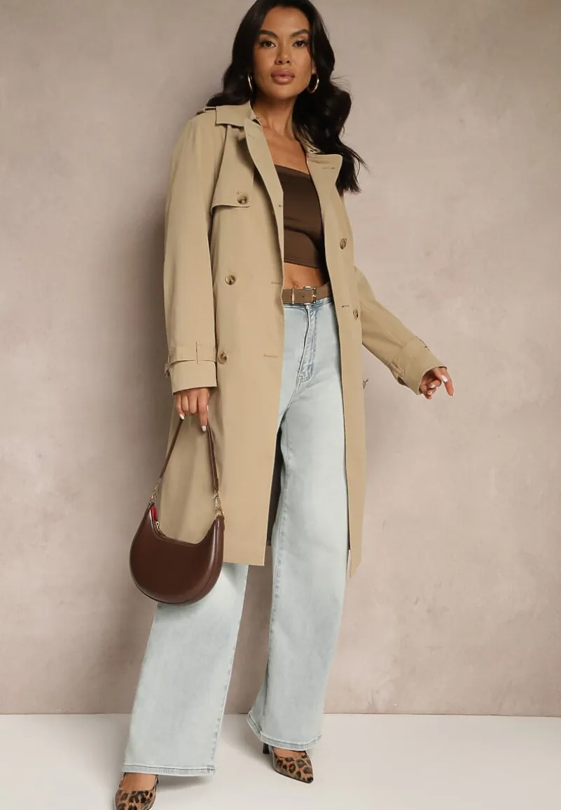 Ciemnobeżowy Dwurzędowy Płaszcz Trencz z Paskiem i Elegancką Klapą Fireti