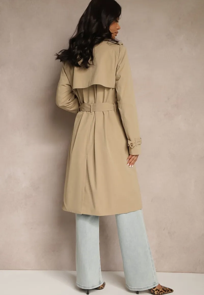 Ciemnobeżowy Dwurzędowy Płaszcz Trencz z Paskiem i Elegancką Klapą Fireti