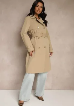 Ciemnobeżowy Dwurzędowy Płaszcz Trencz z Paskiem i Elegancką Klapą Fireti