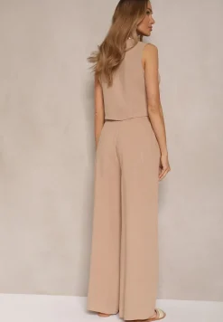 Ciemnobeżowy Garniturowy Komplet z Lnu i Wiskozy Kamizelka i Szerokie Spodnie Evialora