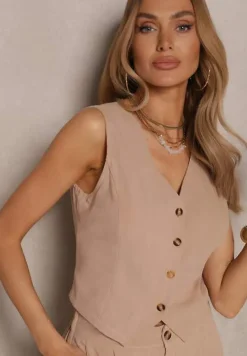 Ciemnobeżowy Garniturowy Komplet z Lnu i Wiskozy Kamizelka i Szerokie Spodnie Evialora