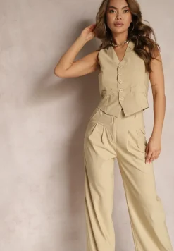 Ciemnobeżowy Garniturowy Komplet Kamizelka i Proste Spodnie High Waist Nithriella