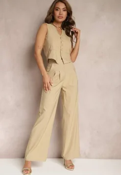 Ciemnobeżowy Garniturowy Komplet Kamizelka i Proste Spodnie High Waist Nithriella